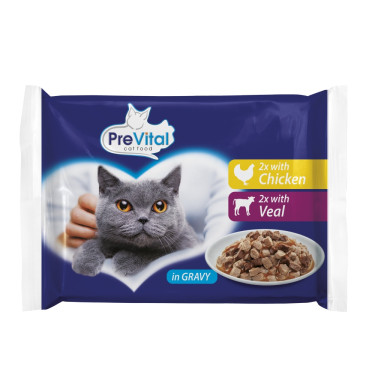 Vrecko pre mačky PreVital mačka kura a teľacie v omáčke, vrecko 100 g (4 pack)