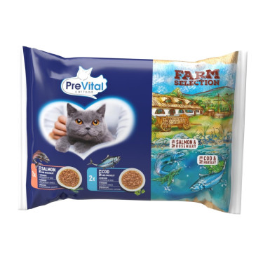 Kapsička pre mačky Prevital Farm Selection mačka losos a treska v omáčke, vrecko 85 g (4 pack)
