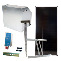 Základná sada na solárny ohradník s bezpečnostnou schránkou, regulátor 15 A, panel 200 W, konzola