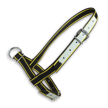 Ohlávka pre kravy a mladé býčky, veľ. M nastaviteľná, kožená výstuž, s D-krúžkom, čierna - žltá  