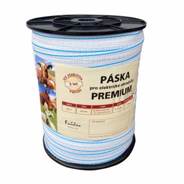 Páska PREMIUM 20 mm pre el. ohradník, 3x0,20 mm Niro + 2x0,25 mm CuSn, 200 m, bielo-modré